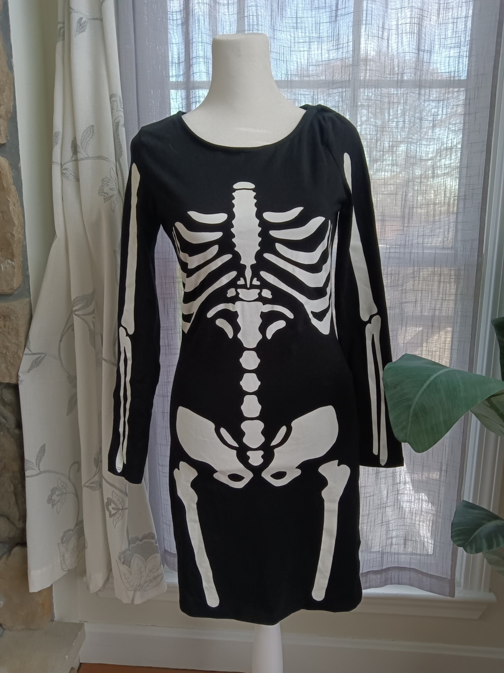 H&M Black Long-Sleeve Dress with White Skeleton Print